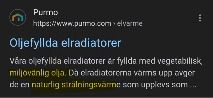 Webbsökresultat om oljefyllda elradiatorer, miljövänliga, strålningsvärme, tillverkarens webbplats.