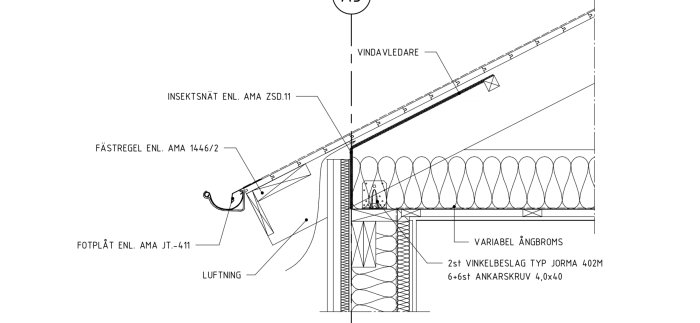 Teknisk ritning av byggkonstruktion, detaljer för fästning och ventilation, skala och mått angivna.