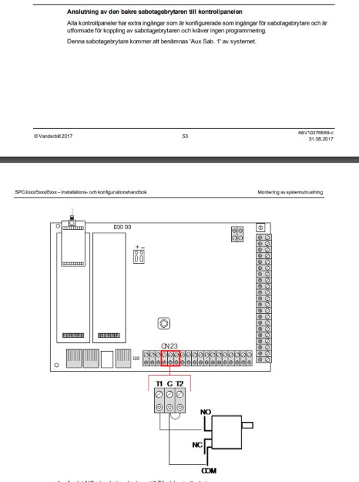 Teknisk illustration av anslutning för bakre sabotagebrytare till kontrollpanel, med schematiska diagram och textbeskrivningar.