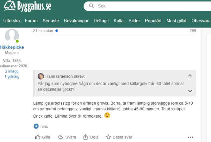 Skärmdump från forum på Byggahus.se, användare diskuterar tjocklek på källargolv, råd ges.