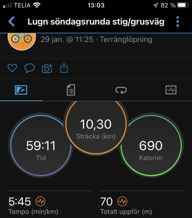 En skärm visar statistik för en löprunda: distans 10,30 km, tid 59:11, förbrukade kalorier 690, tempo 5:45 min/km.