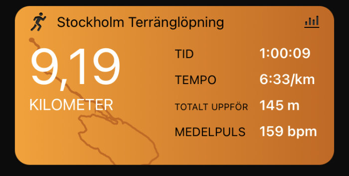 Skärmavbild av löparträning: 9,19 kilometer, tid 1 timme och 9 sekunder, tempo och puls registrerat.