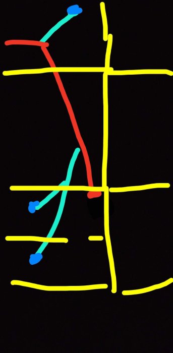 Färgglada linjer och prickar som bildar abstrakt mönster på svart bakgrund, liknar ett barns teckning.