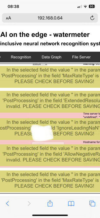 Skärm med felmeddelanden om ogiltiga värden i PostProcessing, uppmanar kontroll innan sparande.