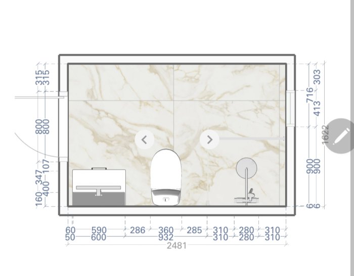 Det är en teknisk ritning av ett badrum med måttangivelser, inredning, och en marmorerad golvplan.