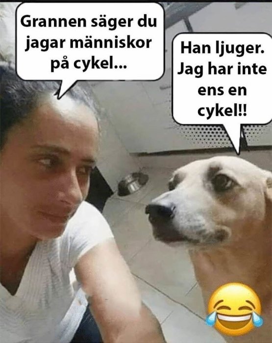 En kvinna talar till en hund, skämtsam text konversation, humoristisk situation, hunden "svarar".