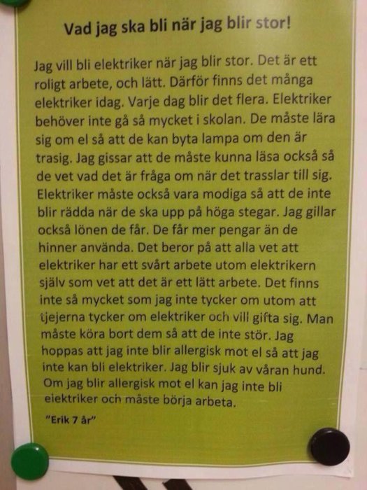 Ett barns charmiga berättelse om varför det vill bli elektriker, med humor och sjuåringslogik.