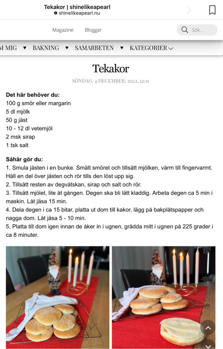 Recept på tekakor, ingredienser, tillagningsinstruktioner, färdiga bröd på bord, dukade, med tända ljus.