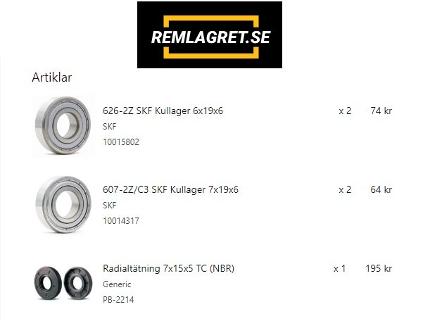 Skärmdump av webbsida, REMALAGRET.SE, visar kullager och radialtätning med priser och artikelnummer.