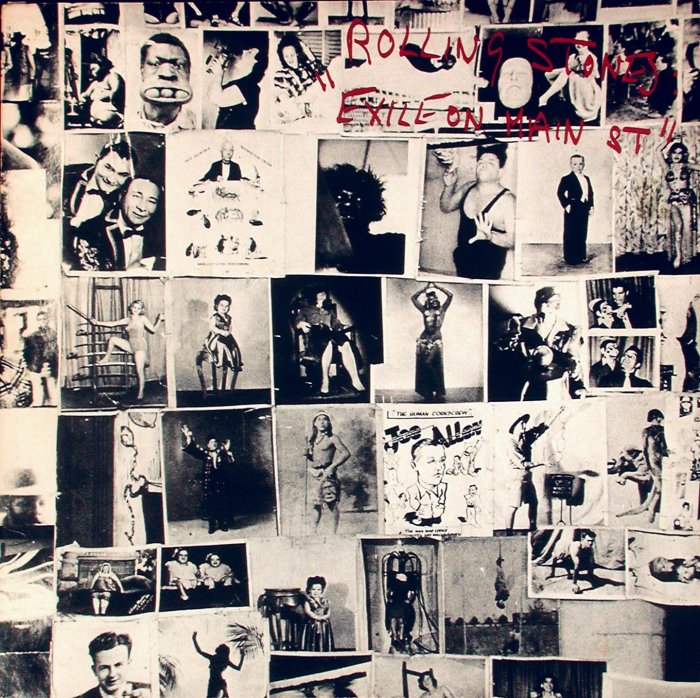 Albumomslag för Rolling Stones "Exile on Main St.", fotokollage, vintage, ikoniskt, konstnärligt, svartvitt, abstrakt.