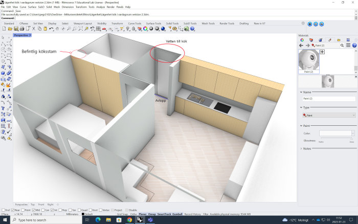 3D-modell av ett kök i designprogram; anmärkningar om vatten och avlopp markerade.