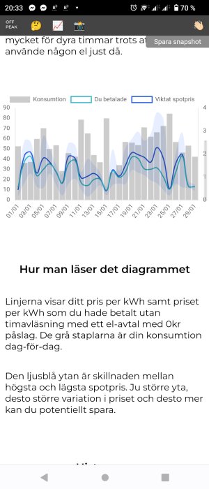 Smartphone-skärmdump visar elanvändningsdiagram och förklaring på hur man tolkar datan.