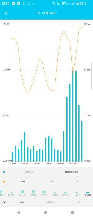 Graf visar elektricitetsförbrukning och pris över tid - 15 januari - timvis konsumtion och elkostnad.