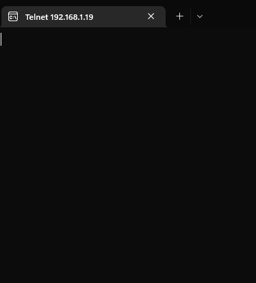 Svart terminalfönster med titeln "Telnet 192.168.1.19", väntar på användarinmatning.