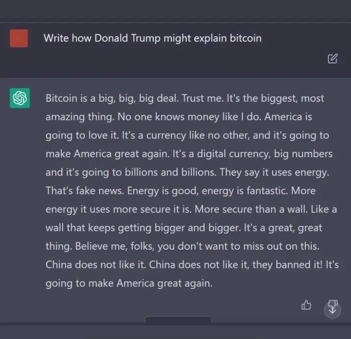 Skärmavbild av text om hur Donald Trump kanske skulle förklara Bitcoin, med överdriven entusiasm och stil.