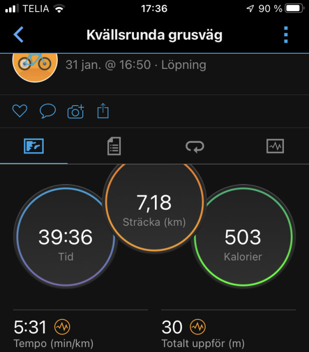 Skärmdump från träningsapp visar löprunda: distans 7,18 km, tid 39:36 min, förbrukade kalorier 503.