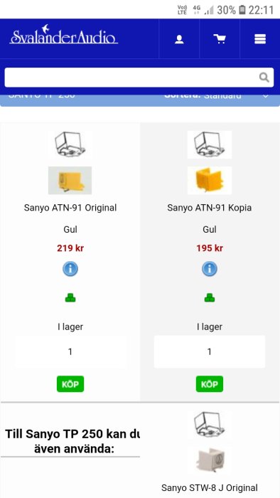 E-handelswebbplats visar produkter, Sanyo skivspelarnålar, original och kopia, priser i svenska kronor, "i lager"-status.