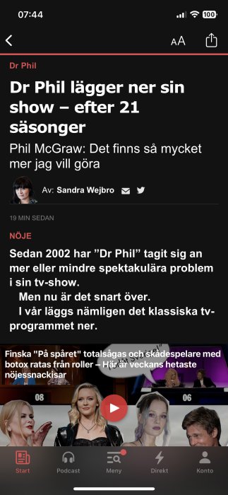 Skärmdump av en artikel om Dr Phil-showens avslut efter 21 säsonger. Innehåller text, bilder och multimediaikon.