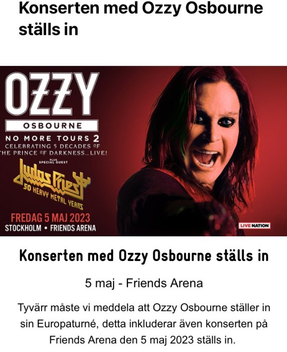 Affisch för Ozzy Osbournes inställda konsert, med datum och arena, Live Nation-logotyp, artistbild.