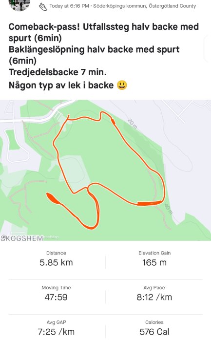 Kartskärmdump av löptur; 5.85 km, tid 47:59, höjdvinst 165 m, hastighet och energiförbrukning antecknat.