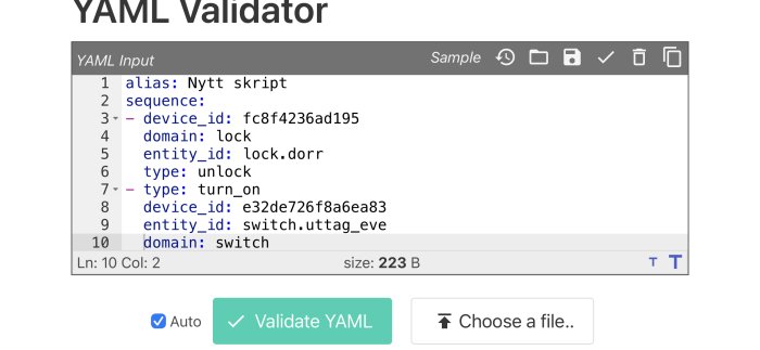 Skärmdump av YAML-validator med kodexempel och gränssnitt för validering av YAML-filer.
