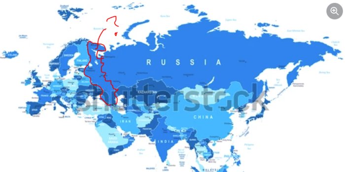 Världskarta i blå toner med röd markering i Nordsjön och Skandinavien.