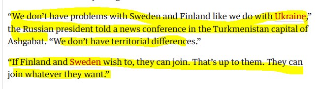 Textutdrag där Rysslands president kommenterar Sveriges och Finlands valmöjligheter utan territoriala problem, till skillnad från Ukraina.