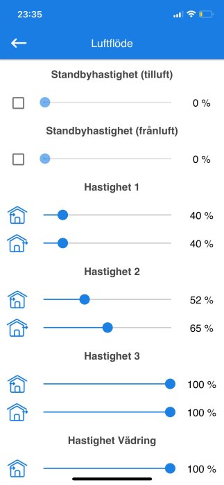 Skärmbild av en app för luftflödeskontroll, visar olika hastighetsinställningar för inomhus ventilation.