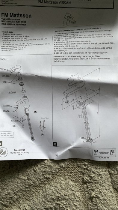 Instruktionsblad för installation av FM Mattsson VISKAN tvättställsblandare med tekniska data och monteringsanvisning.