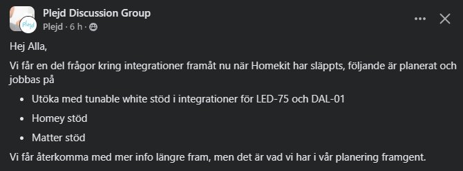 Skärmdump från en diskussionsgrupp, text om planerad teknikintegration och framtida information.