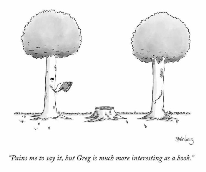 Tecknad bild: två träd, en stubbe, träd läser bok, text om Greg som bok.