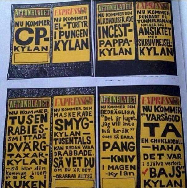 Samling dramatiska tidningsrubriker, humoristiskt överdrivna, ordlek, satir, gul och svart färg.