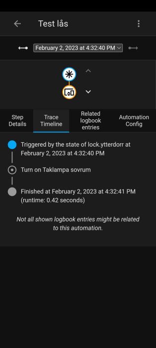 Smart home automation test log, showing lock trigger and light activation with timestamps.
