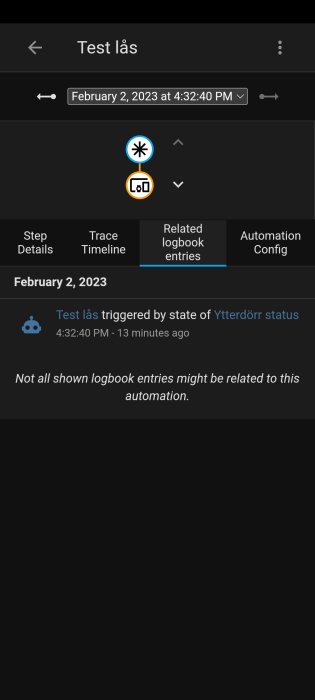 Skärmdump av en händelseloggbok för en testlåsautomation från en app, visar tidpunkt och händelseinformation.