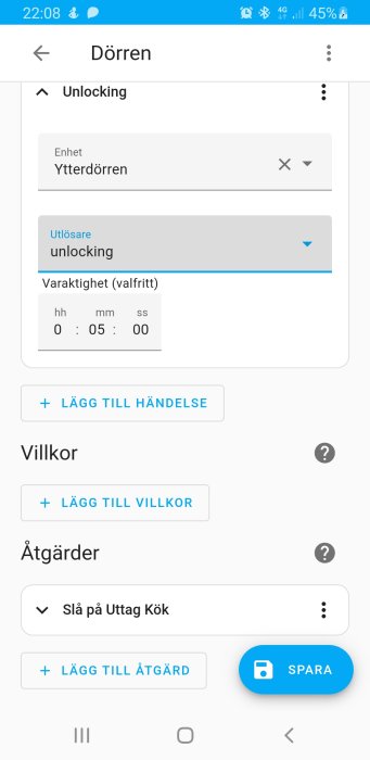 Skärmdump av en mobilapp för hemautomation visar inställningar för upplåsning av ytterdörren och schemaläggning.