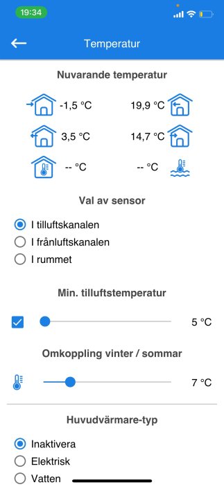 Svenskspråkig app med temperaturinställningar för värme och sensorval i hemmet.