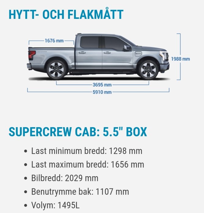 Bild av en pickup med måttangivelser för hytt och flak, inklusive lastutrymme och volym.