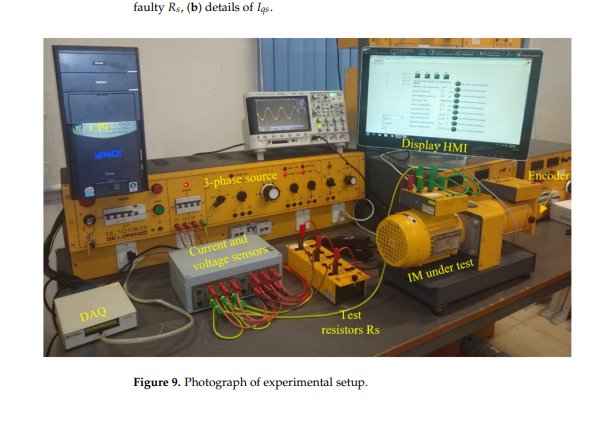 Laboratorieuppställning med elektrisk motor, sensorer, oscilloskop, datalogger och HMI-display. (19 ord)