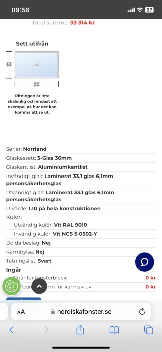Skärmklipp med fönsteroffert, tekniska specifikationer, pris och illustration. Webbplats nordiskafonster.se synlig.