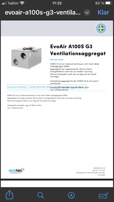 Skärmbild på en webbsida som visar en ventilationsenhet, EvoAir A100S G3, med information och specifikationer.