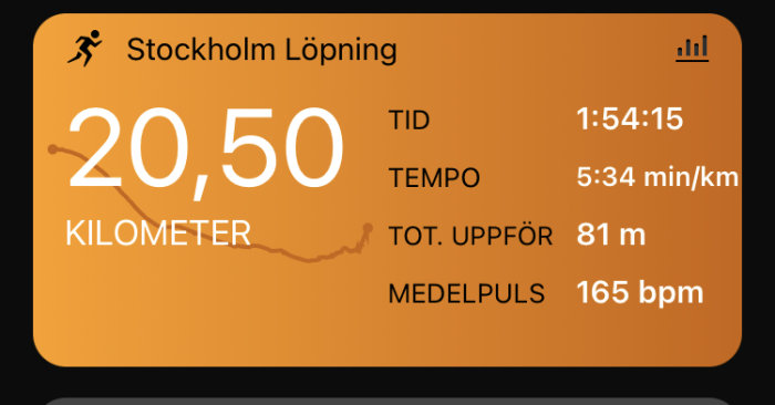 Körkortsappen med löparstatistik: distans, tid, tempo, stigning och puls från Stockholm.