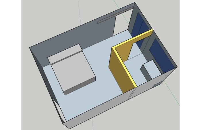 3D-rendering av enkel lägenhetslayout, innehåller vardagsrum, sovrum, kök, badrum, minimalistisk stil.