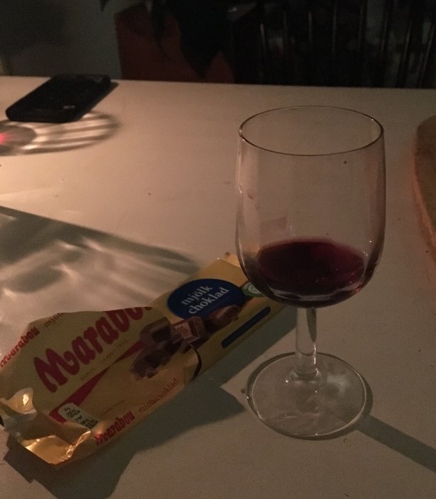 Vin i glas, Marabou mjölkchoklad, mörkt rum, smartphone, avslappnad stämning.