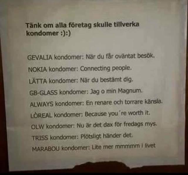 Bild på papper med text, humoristiska slogans om kondomer som om de var märkesvaror.