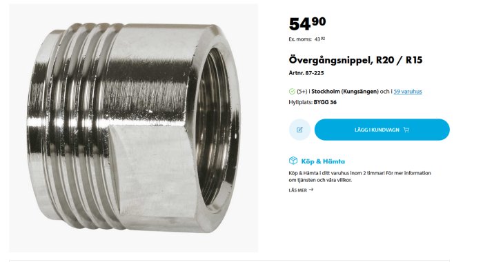 Metallisk övergångsnippel, R20/R15, på vit bakgrund, till salu på webbsida, byggvaruhus.