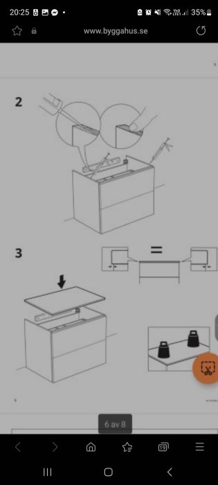 Instruktionsillustration för montering av möbel med skruvar och verktyg, inklusive öppning av lock.