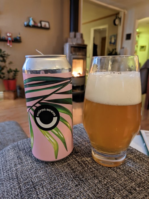 Ölburk, glas med öl, öppen spis i bakgrunden, mysig inomhusmiljö.