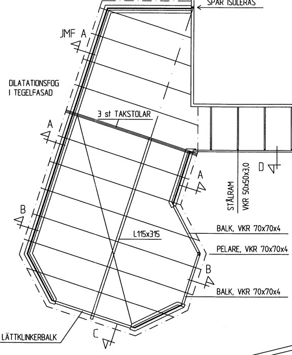 Teknisk ritning, byggnadskonstruktion, måttangivelser, balkar, taktstolar, dilatationsfog, geometrisk layout, arkitektonisk plan.