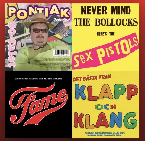 Fyra skivomslag från olika genrer och epoker inklusive punk, svenskt album, och filmmusik. Färgglad, varierad typografi och design.