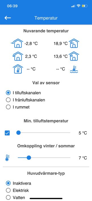 Skärmdump av mobilapp för temperaturkontroll, visar aktuella värden, sensorinställningar och värmesystemalternativ.